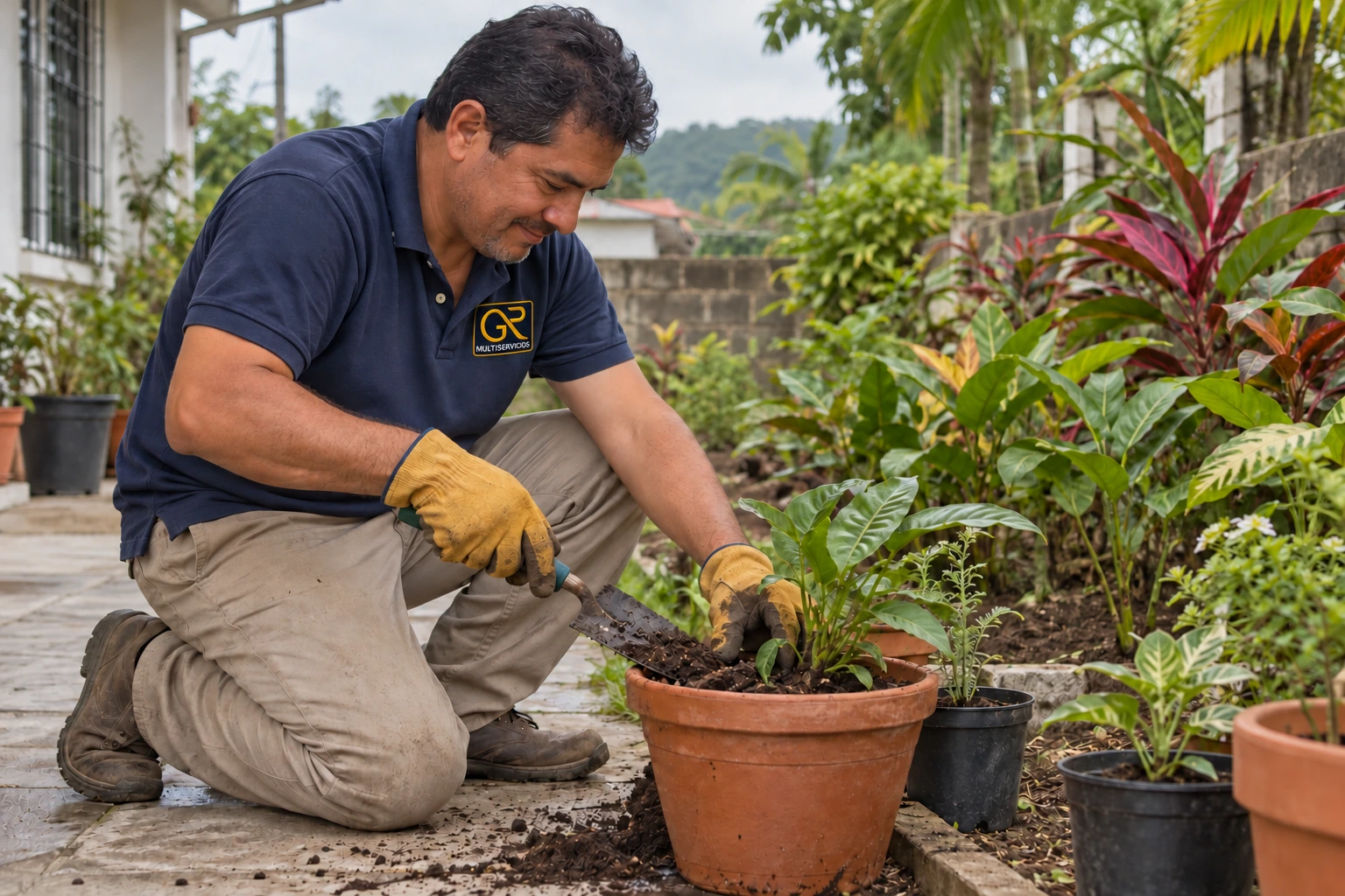 Jardinero sembrando una planta en una maceta de terracota
